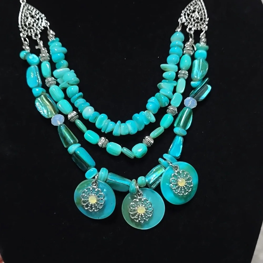 NEW Blue Turquoise Multi Strand Tiered Statement Necklace, Boho, Southwestern - Picture 4 of 12